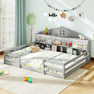 Costway Montessori Floor Bed with LED Lights Safety Guardrails Compartments Shelf
