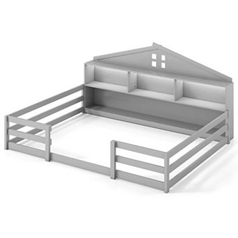 Costway Montessori Floor Bed with LED Lights Safety Guardrails Compartments Shelf