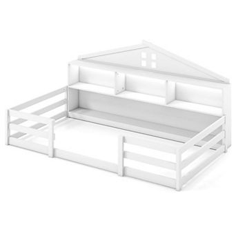 Costway Montessori Floor Bed with LED Lights Safety Guardrails Compartments Shelf