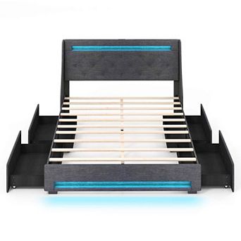 Costway Bed Frame with LED Lights & Charging Station Upholstered Platform Bed