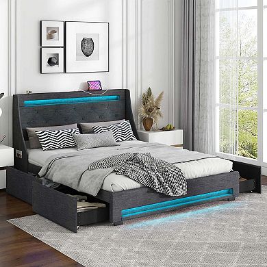 Costway Bed Frame with LED Lights & Charging Station Upholstered Platform Bed