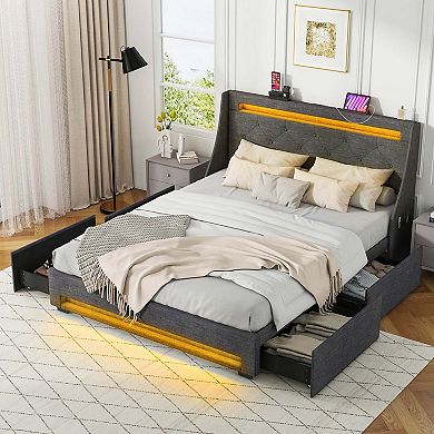 Costway Bed Frame with LED Lights & Charging Station Upholstered Platform Bed