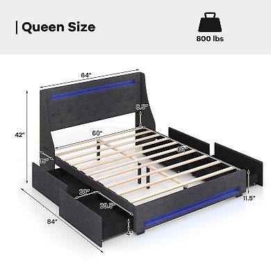 Costway Bed Frame with LED Lights & Charging Station Upholstered Platform Bed