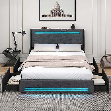 Costway Bed Frame with LED Lights & Charging Station Upholstered Platform Bed