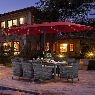 Costway 11 PCS Patio Dining Set with 15 ft Double-Sided Patio Umbrella 8 Armchairs
