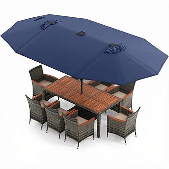 Costway 11 pc Patio Dining Set with 15 ft Double-Sided Patio Umbrella 8 Armchairs