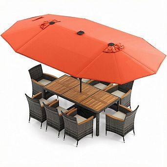 Costway 11 pc Patio Dining Set with 15 ft Double-Sided Patio Umbrella 8 Armchairs