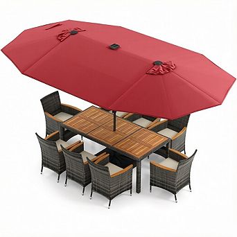 Costway 11 pc Patio Dining Set with 15 ft Double-Sided Patio Umbrella 8 Armchairs