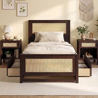Costway Rattan Bed Frame with Headboard, 2 Storage Drawers & Space