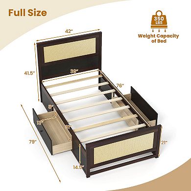Costway Rattan Bed Frame with Headboard, 2 Storage Drawers & Space