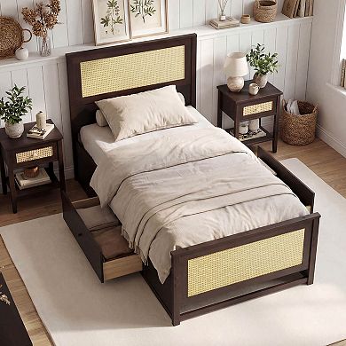 Costway Rattan Bed Frame with Headboard, 2 Storage Drawers & Space