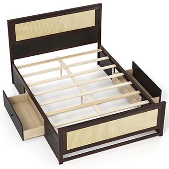 Costway Rattan Bed Frame with Headboard, 2 Storage Drawers & Space