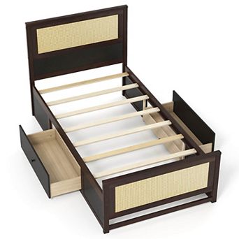 Costway Rattan Bed Frame with Headboard, 2 Storage Drawers & Space