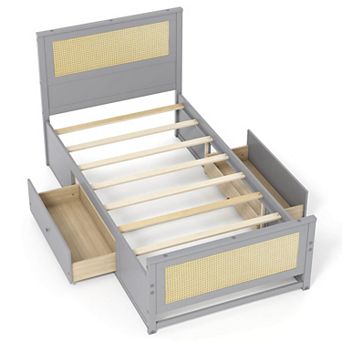 Costway Rattan Bed Frame with Headboard, 2 Storage Drawers & Space