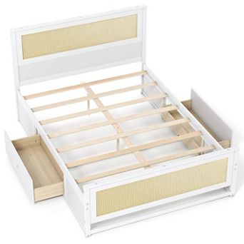 Costway Rattan Bed Frame with Headboard, 2 Storage Drawers & Space