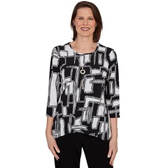 Women's Alfred Dunner Geo Boxes Puff Printed Top with Necklace
