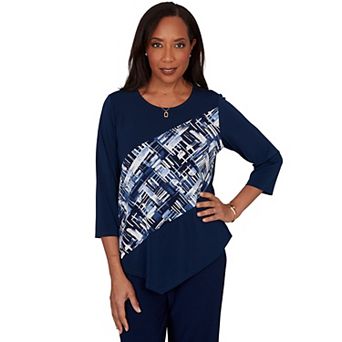 Women's Alfred Dunner Etched Plaid Diagonal Puff Printed Top