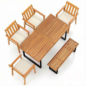 Costway Patio Dining Table Set, 63” Rectangle Table 2 Backless Bench Umbrella Hole