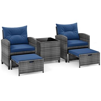Costway 5 pc Patio Rattan Furniture with 2 Ottomans & Tempered Glass Coffee Table
