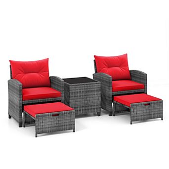Costway 5 pc Patio Rattan Furniture with 2 Ottomans & Tempered Glass Coffee Table