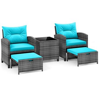 Costway 5 pc Patio Rattan Furniture with 2 Ottomans & Tempered Glass Coffee Table