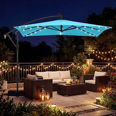 Costway 8 x 8 FT Solar LED Offset Cantilever Patio Umbrella with 360° Rotation, Crank