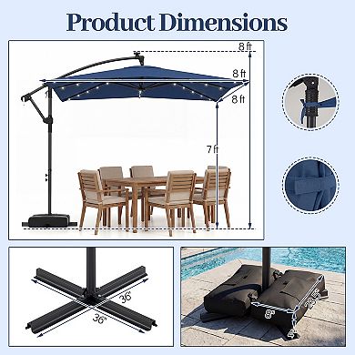 Costway 8 x 8 FT Solar LED Offset Cantilever Patio Umbrella with 360° Rotation, Crank