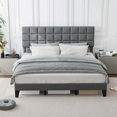 Costway Bed Frame Modern Linen Fabric Upholstered Platform Bed with Headboard