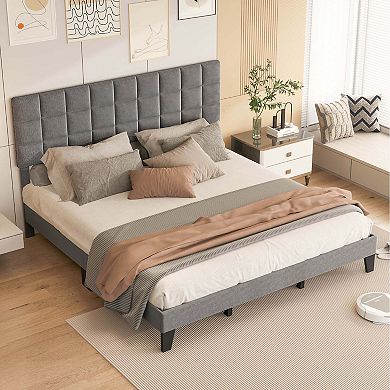 Costway Bed Frame Modern Linen Fabric Upholstered Platform Bed with Headboard