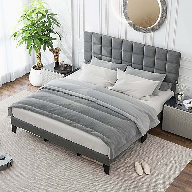 Costway Bed Frame Modern Linen Fabric Upholstered Platform Bed with Headboard