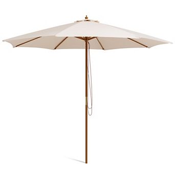Costway 10FT Patio Wooden Market Table Umbrella Pulley with 8 Bamboo Ribs Sunshade Canopy