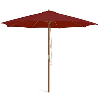 Costway 10FT Patio Wooden Market Table Umbrella Pulley with 8 Bamboo Ribs Sunshade Canopy