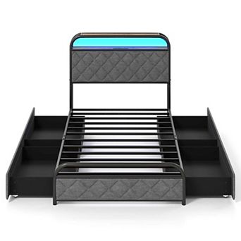 Costway Bed Frame with LED Lights & Charging Station Storage Headboard