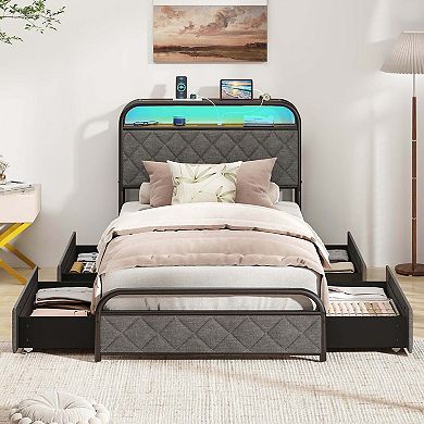Costway Bed Frame with LED Lights & Charging Station Storage Headboard