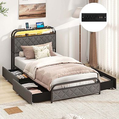 Costway Bed Frame with LED Lights & Charging Station Storage Headboard
