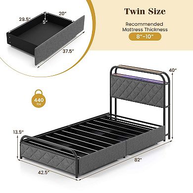 Costway Bed Frame with LED Lights & Charging Station Storage Headboard