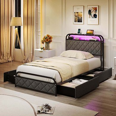 Costway Bed Frame with LED Lights & Charging Station Storage Headboard