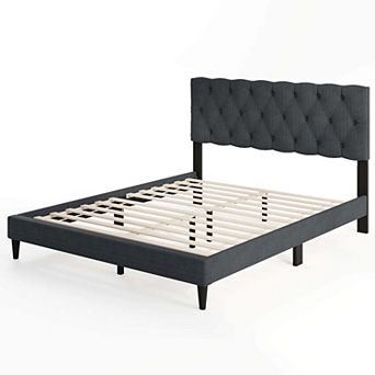 Costway Bed Frame with Button-Tufted Headboard & Wooden Slats Easy Assembly