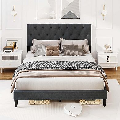 Costway Bed Frame with Button-Tufted Headboard & Wooden Slats Easy Assembly