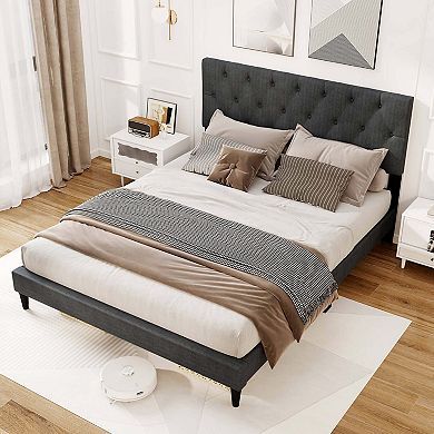 Costway Bed Frame with Button-Tufted Headboard & Wooden Slats Easy Assembly