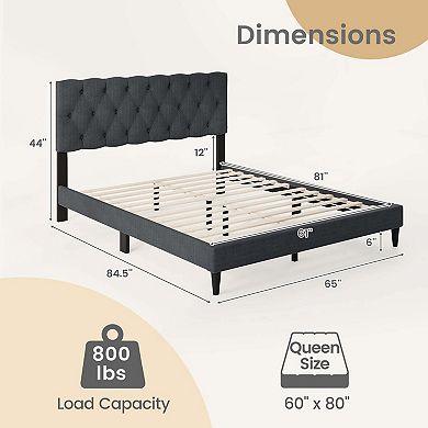Costway Bed Frame with Button-Tufted Headboard & Wooden Slats Easy Assembly