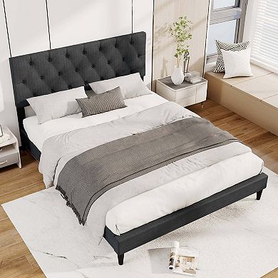 Costway Bed Frame with Button-Tufted Headboard & Wooden Slats Easy Assembly