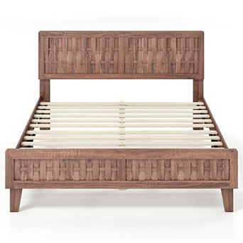 Costway Bed Frame with Woven Accent Headboard & Footboard, Wooden Slat Support