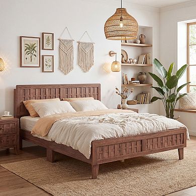 Costway Bed Frame with Woven Accent Headboard & Footboard, Wooden Slat Support