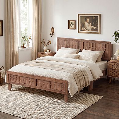 Costway Bed Frame with Woven Accent Headboard & Footboard, Wooden Slat Support