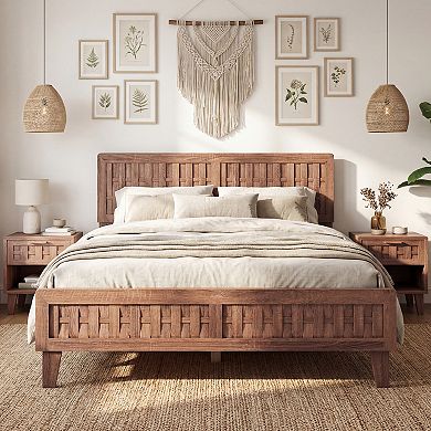 Costway Bed Frame with Woven Accent Headboard & Footboard, Wooden Slat Support