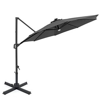 Costway 10 FT Cantilever Patio Umbrella with Solar LED Lights, 360° Rotation, Easy Tilt