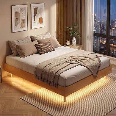 Costway Floating Bed Frame with LED Lights, 12 Inch Modern Wood Platform Bed