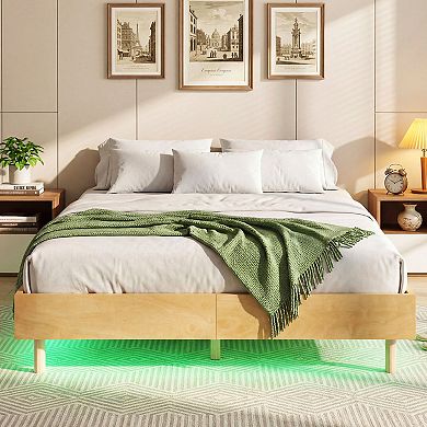 Costway Floating Bed Frame with LED Lights, 12 Inch Modern Wood Platform Bed