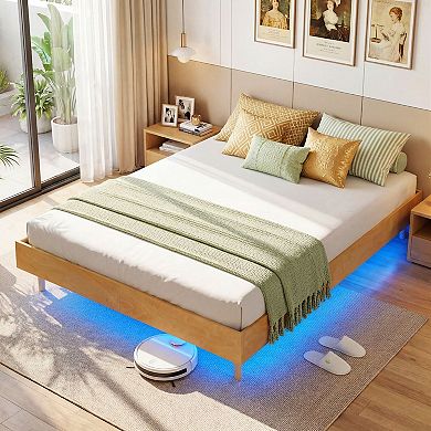 Costway Floating Bed Frame with LED Lights, 12 Inch Modern Wood Platform Bed